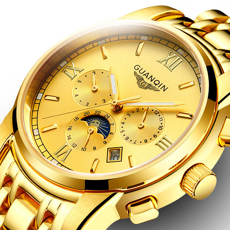 New Automatic 18k Gold Mechanical  Three Eyes Luminous Waterproof Steel Band Business Men's Watch