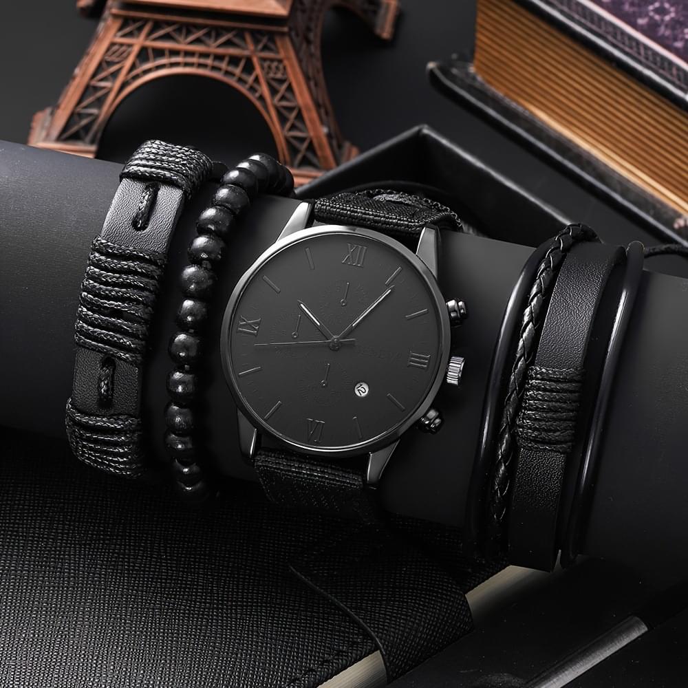 New Foreign Trade Hot-selling Men's Suit Gift Watch 4pcs Bracelet Four-piece Set Men's Watch Calendar Watch Quartz Watch - Image 2